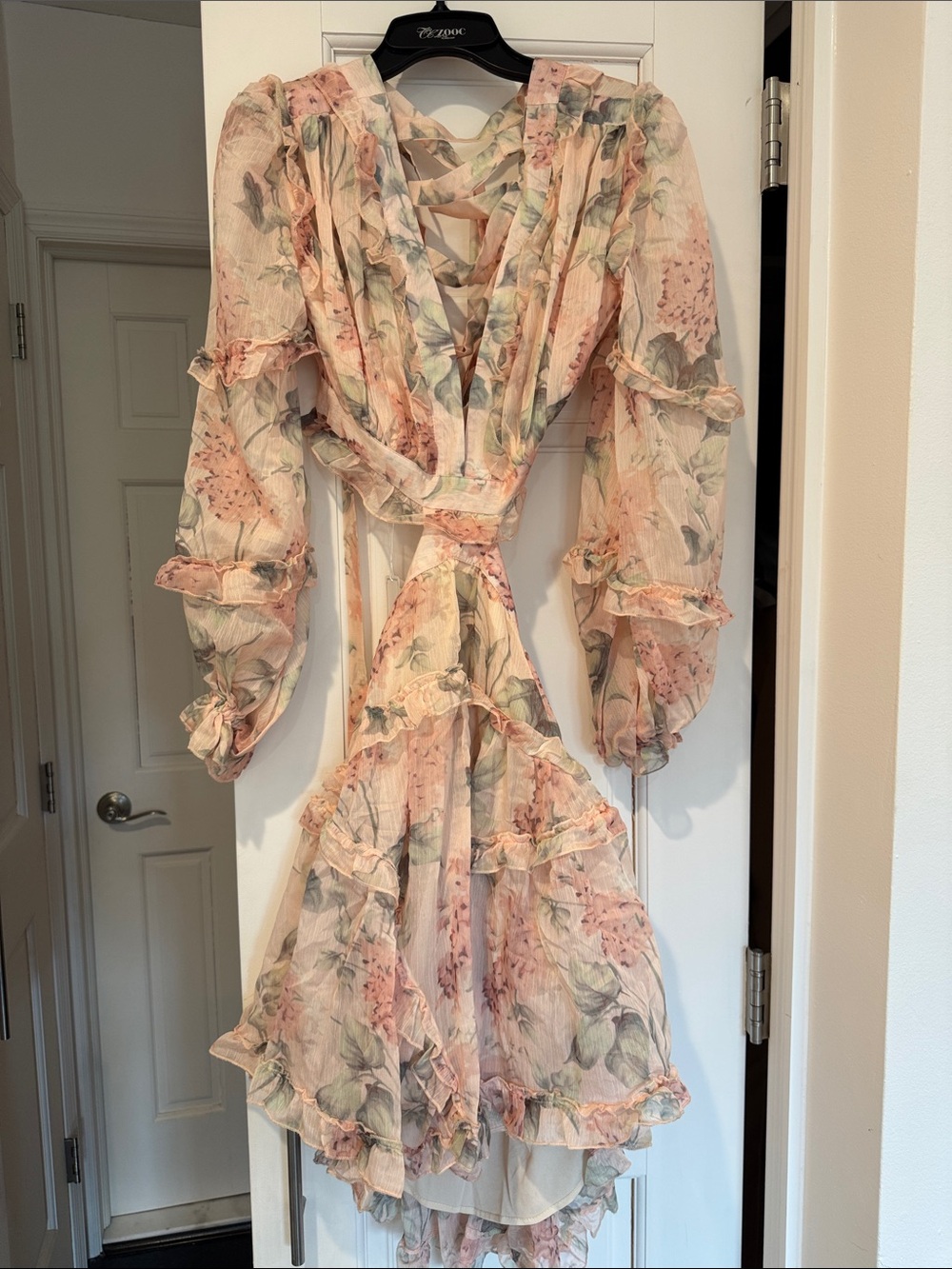 Sheer Floral Ruffle Long-Sleeve cut out waist Midi Dress in Blush Pink